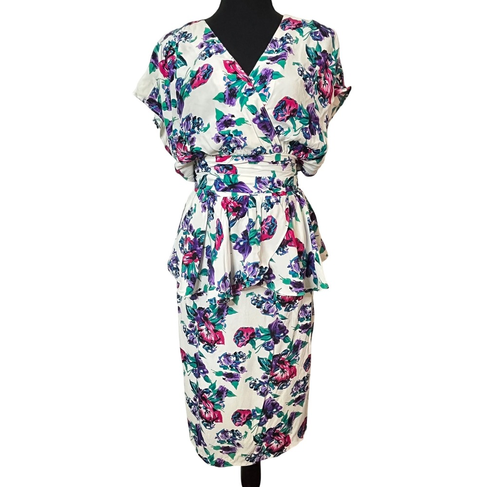 Vtg 1980s Floral Peplum Dress Purple Fuchsia John Richard Sm Femininee cinched